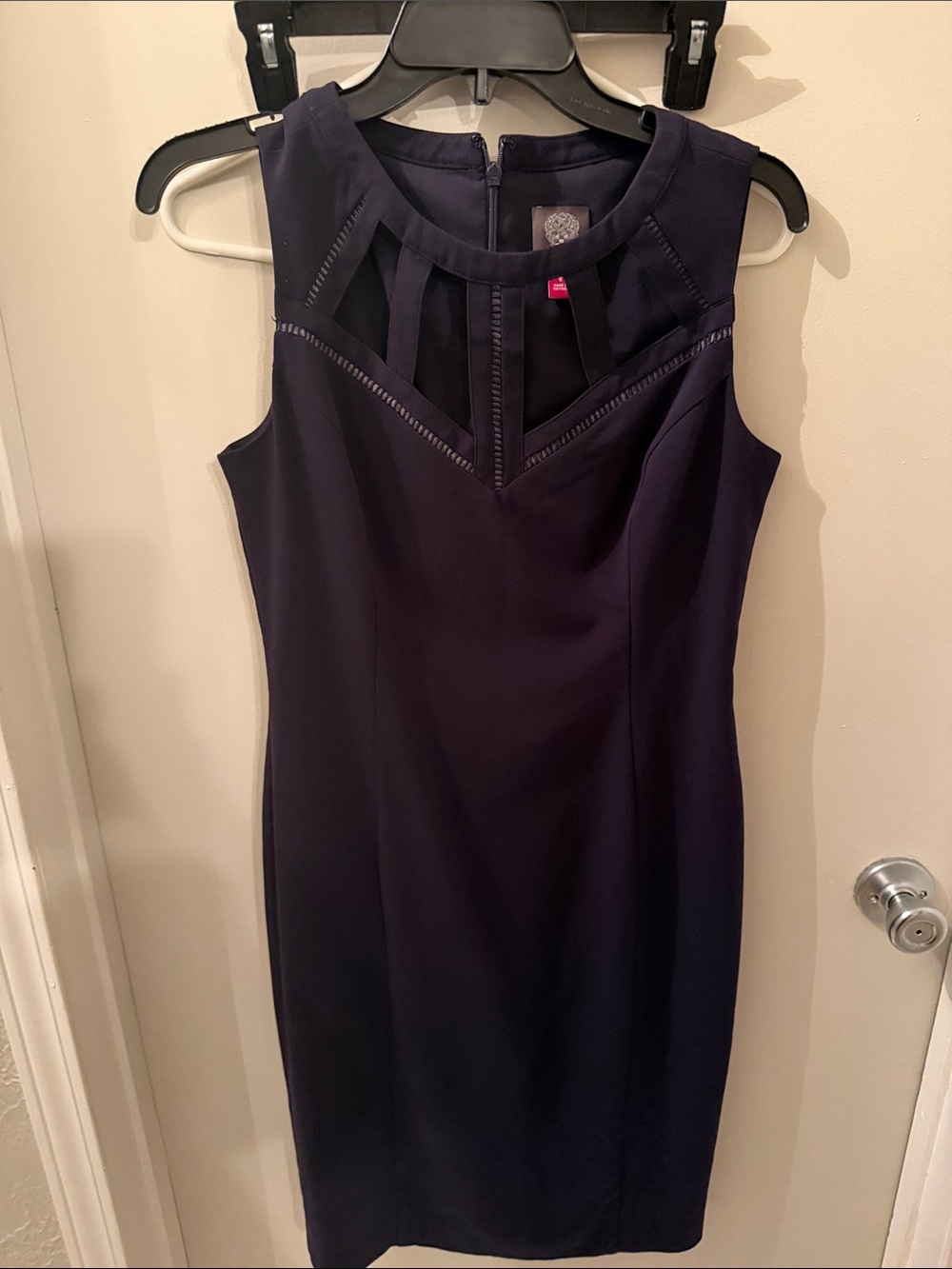 Vince Camuto Navy Sheath Dress with Mesh Yoke